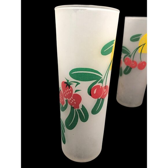 Set Of 4 Mid Century Federal Frosted Tom Collins Glasses With Retro Fruit Design - Picture 9 of 16
